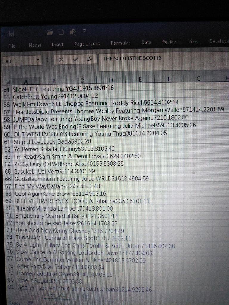 Data
Formulas
view
Review
Develope
File
Home
Insert
Page Layout
X
f
A1
THE SCOTTSTHE SCOTTS
B
D
E
F
G
54 SlideH.E.R. Featurin