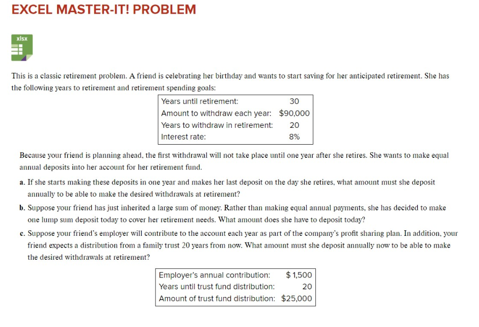Solved EXCEL MASTER-IT! PROBLEM This is a classic retirement | Chegg.com