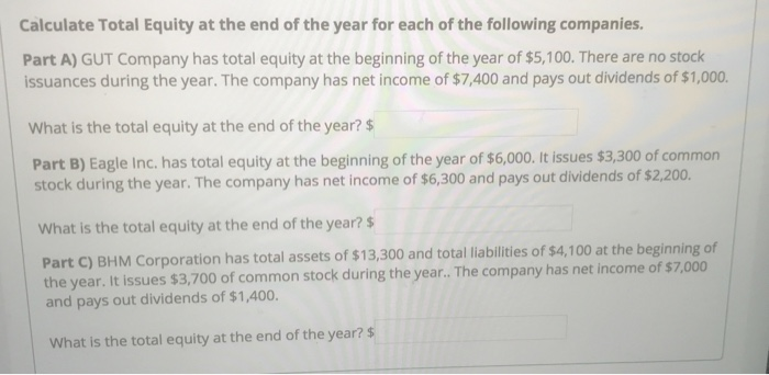 Solved Calculate Total Equity At The End Of The Year For Chegg