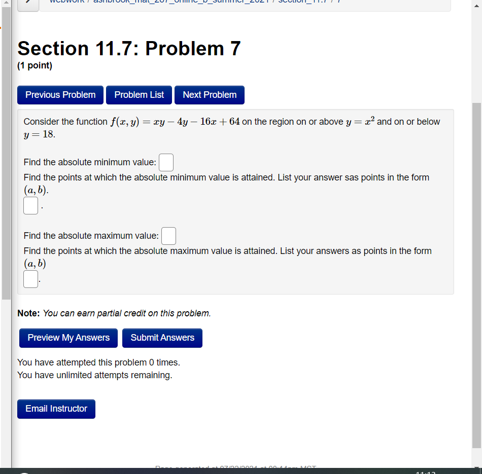 Solved Section 11.7: Problem 7 (1 point) Previous Problem | Chegg.com