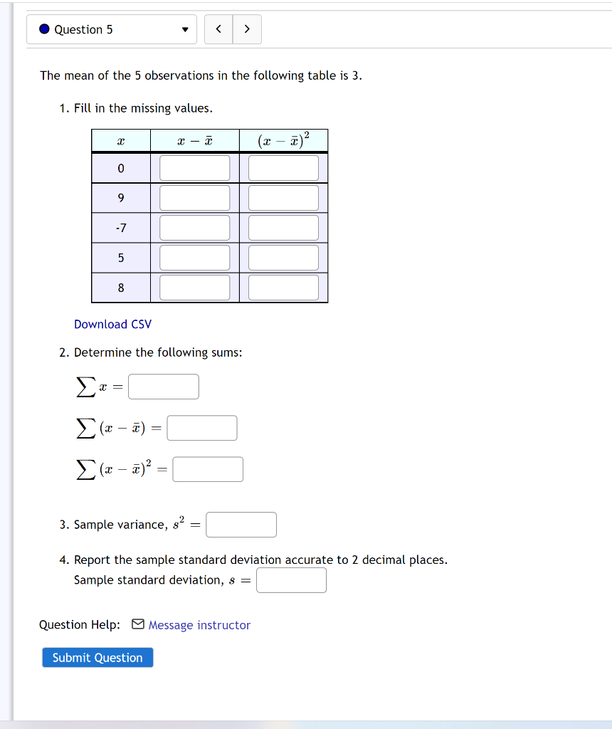 Question 5 The mean of the 5 observations in the