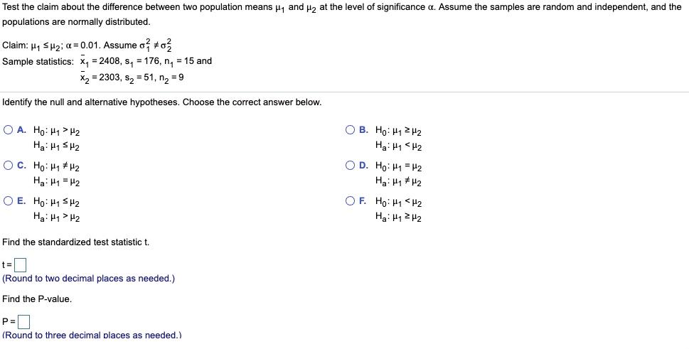 Solved Test the claim about the difference between two | Chegg.com