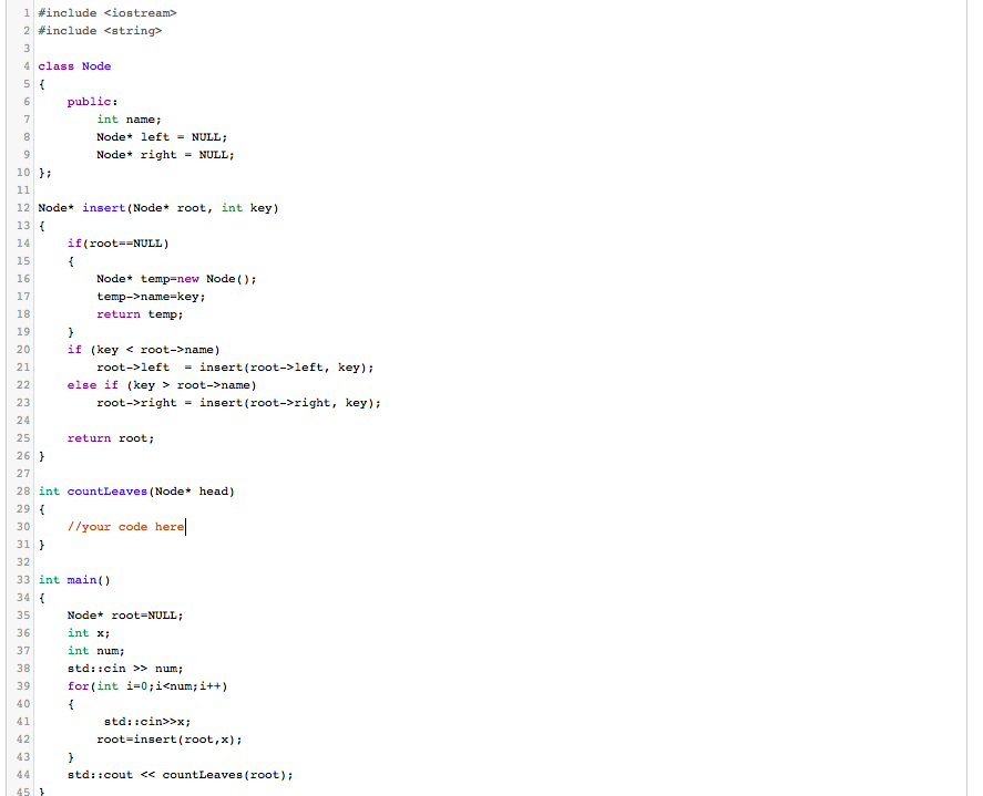 Solved Write a function int countLeaves (Node* node) This | Chegg.com