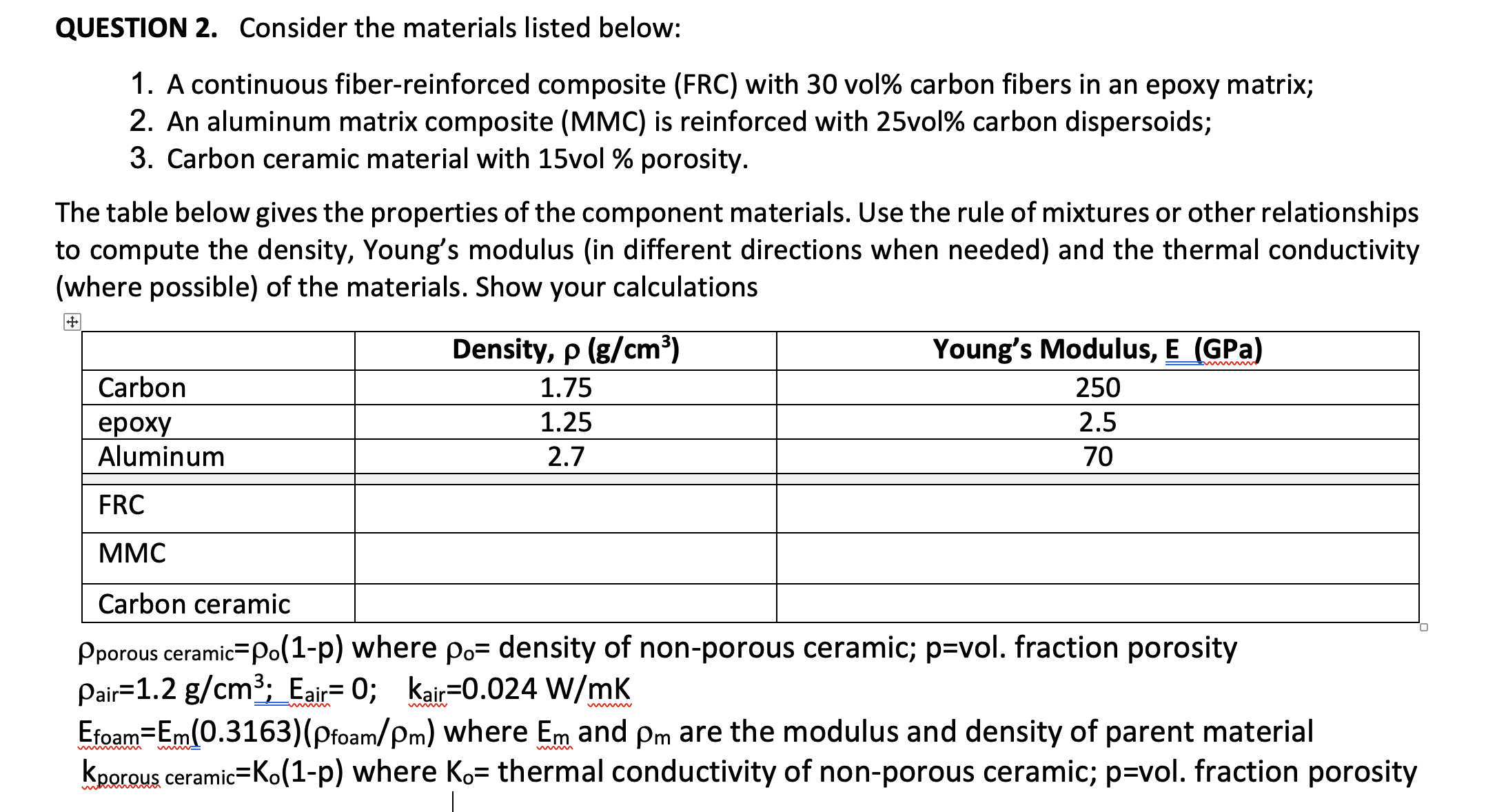 Solved QUESTION 2. Consider the materials listed below 1. A