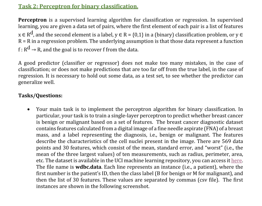 Solved Task 2: Perceptron For Binary Classification. | Chegg.com