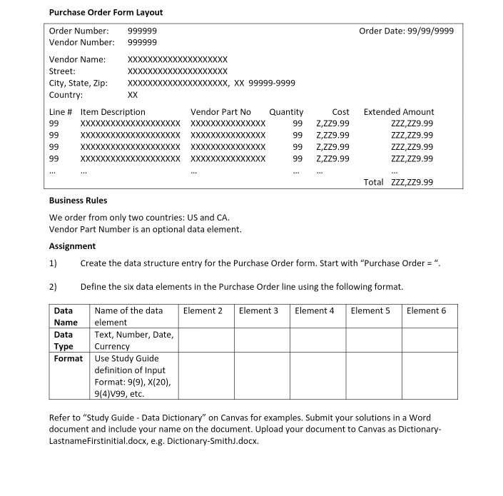 Solved Purchase Order Form Layout Order Date 99/99/9999