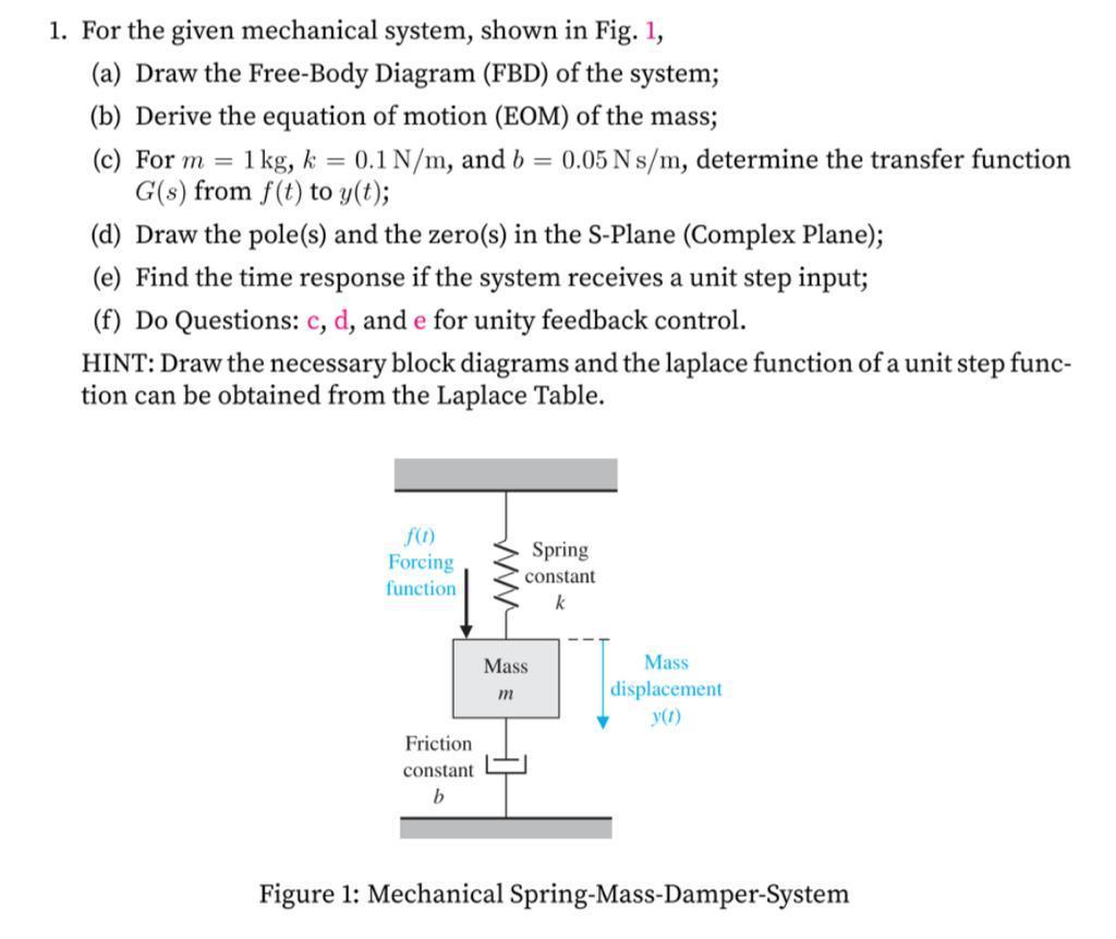 Solved 1. For the given mechanical system, shown in Fig. 1, | Chegg.com