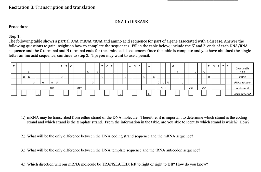 Solved The Following Table Shows A Partial Dna Mrna Rna Chegg Com