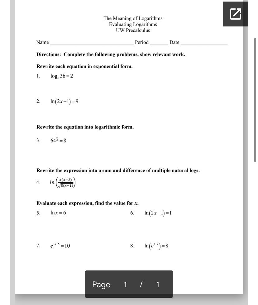 Solved The Meaning of Logarithms Evaluating Logarithms UW | Chegg.com