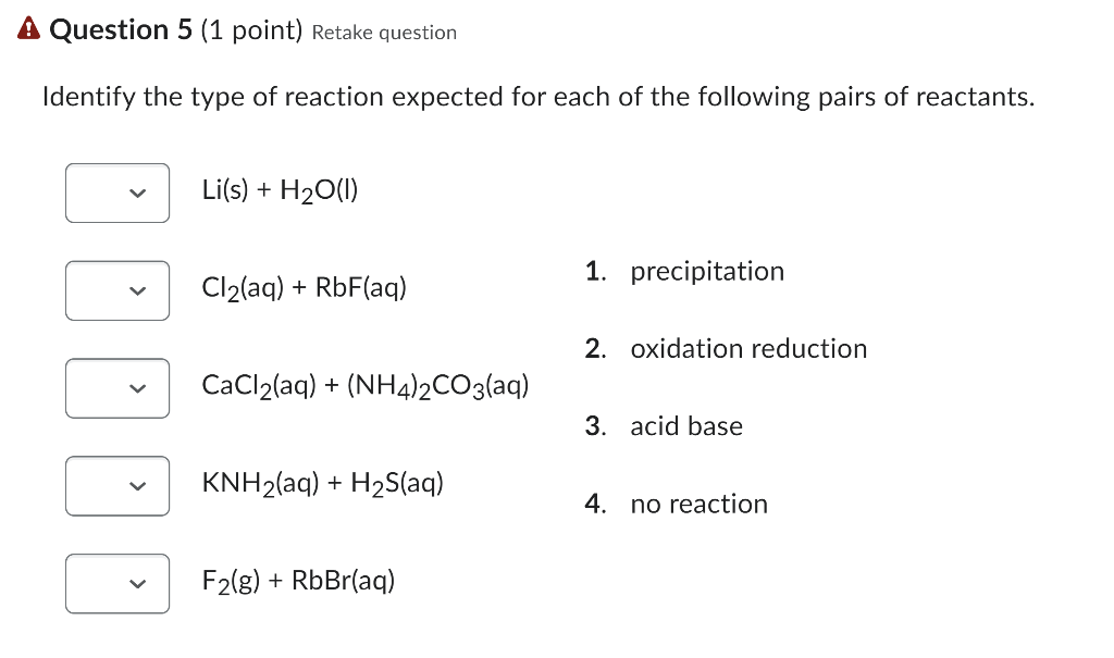 Solved Identify the type of reaction expected for each of | Chegg.com