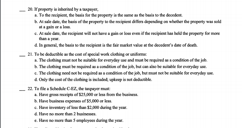 Solved 20. If Property Is Inherited By A Taxpayer A. To The | Chegg.com