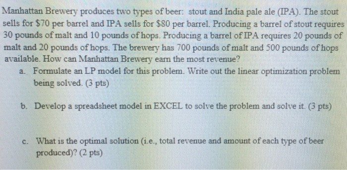 Solved Manhattan Brewery produces two types of beer: stout | Chegg.com