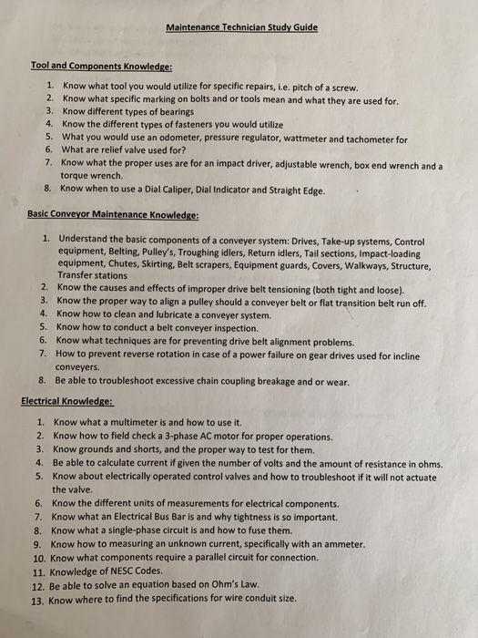 Maintenance Technician Study Guide Tool and