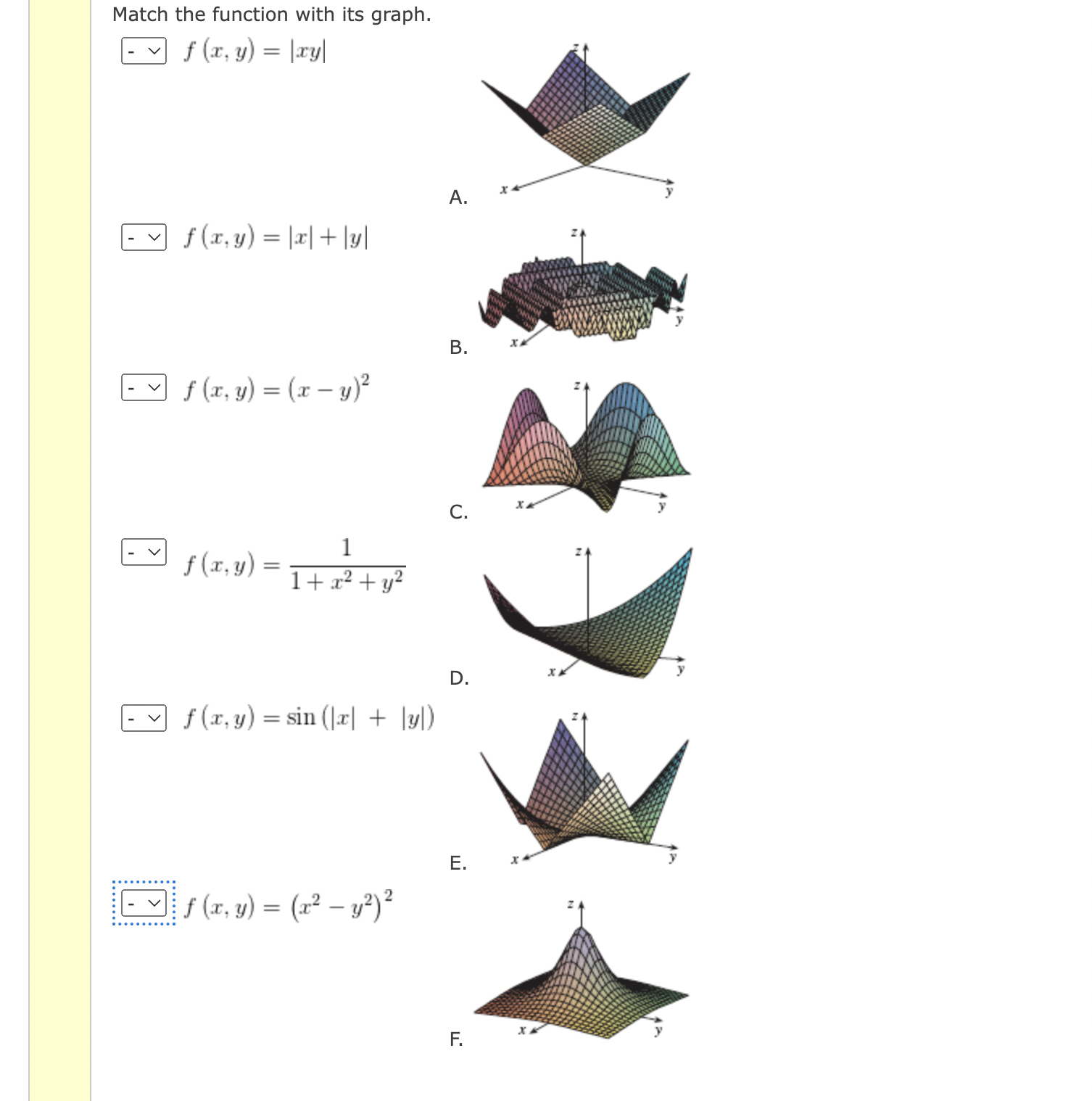 Match the function with its graph. \[ f(x, y)=|x y| \] A \[ f(x, y)=|x|+|y| \] E \[ f(x, y)=(x-y)^{2} \] C. \[ f(x, y)=\frac{