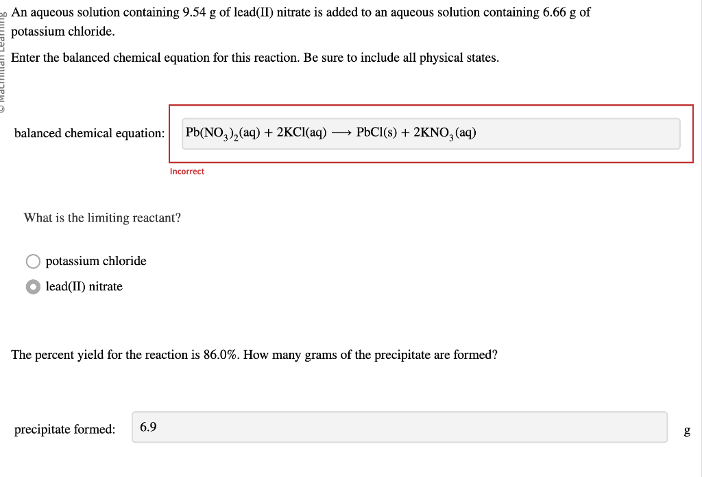 Solved An aqueous solution containing 9.54 g of lead(II)