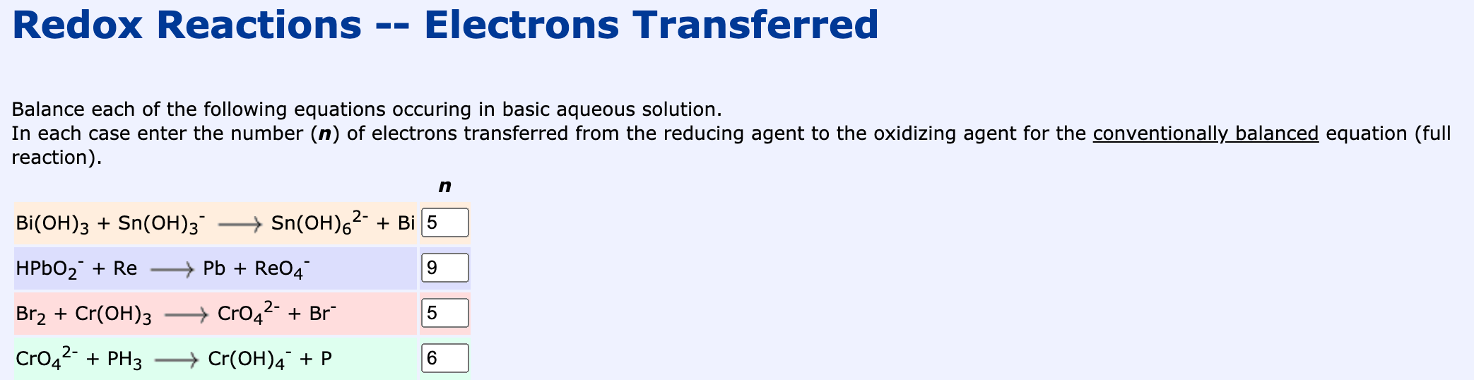 Solved Redox Reactions -- Electrons Transferred Balance each | Chegg.com