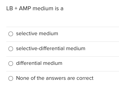 Solved LB+AMP medium is a selective medium | Chegg.com