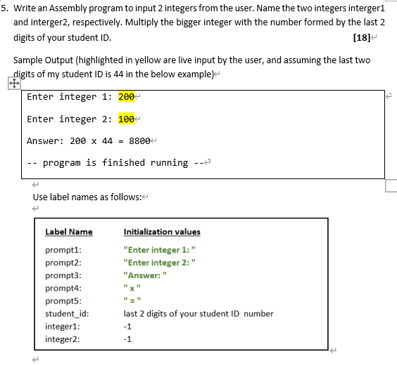 Solved 5. Write an Assembly program to input 2 integers from | Chegg.com