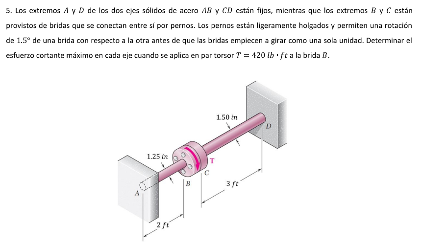 5. Los extremos \( A \) y \( D \) de los dos ejes sólidos de acero \( A B \) y \( C D \) están fijos, mientras que los extrem