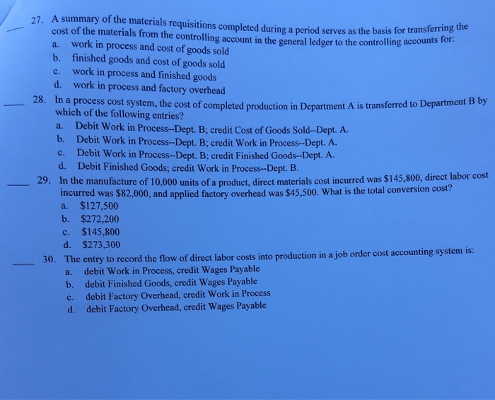 Solved 27. A summary of the materials requisitions completed