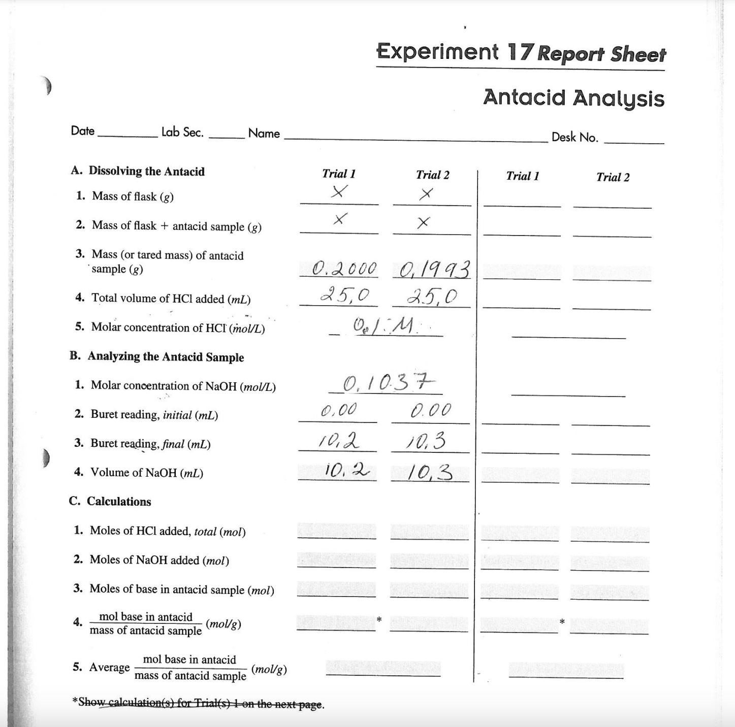 Solved Experiment 17 Report Sheet Antacid Analysis Date Lab