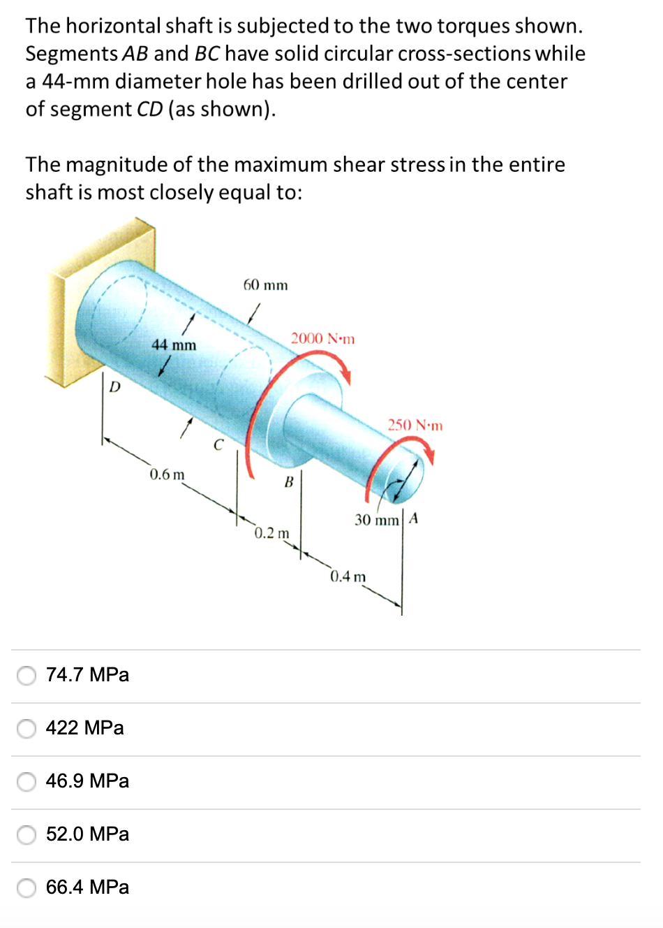 Solved The horizontal shaft is subjected to the two torques | Chegg.com