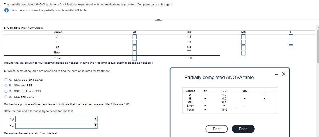 Solved The partially completed ANOVA table for a 3×4 | Chegg.com