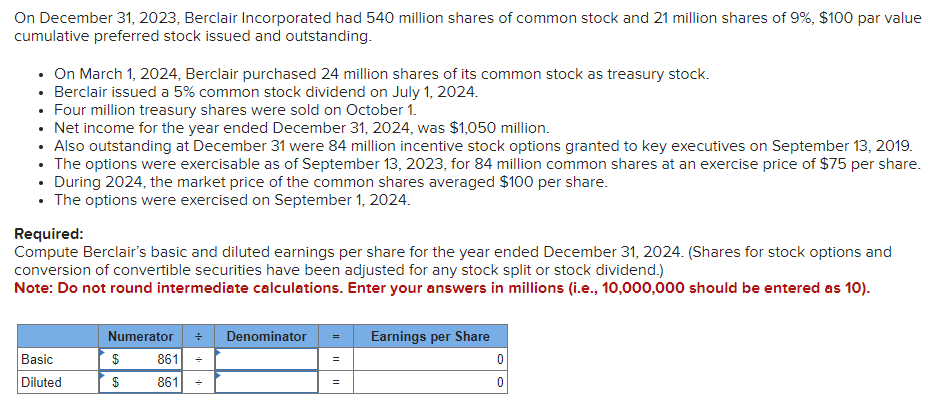 Solved On December 31, 2023, Berclair Incorporated Had 540 | Chegg.com