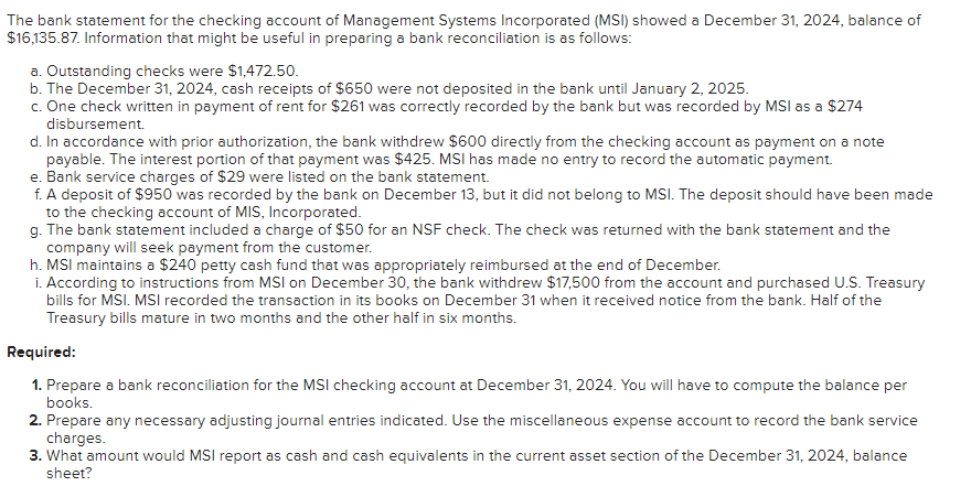 Solved The bank statement for the checking account of | Chegg.com