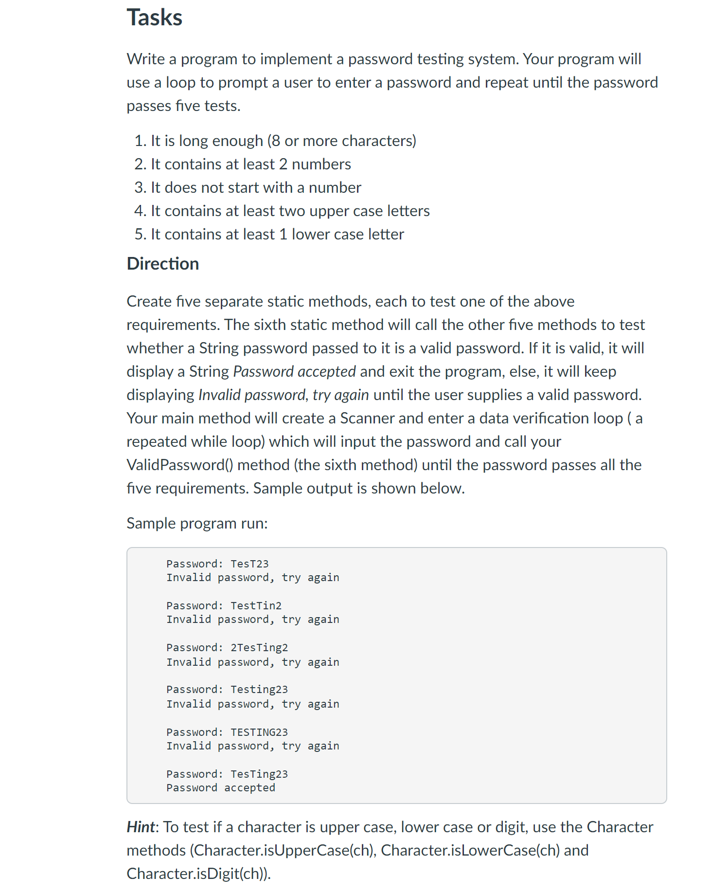 Solved Write a program to implement a password testing | Chegg.com