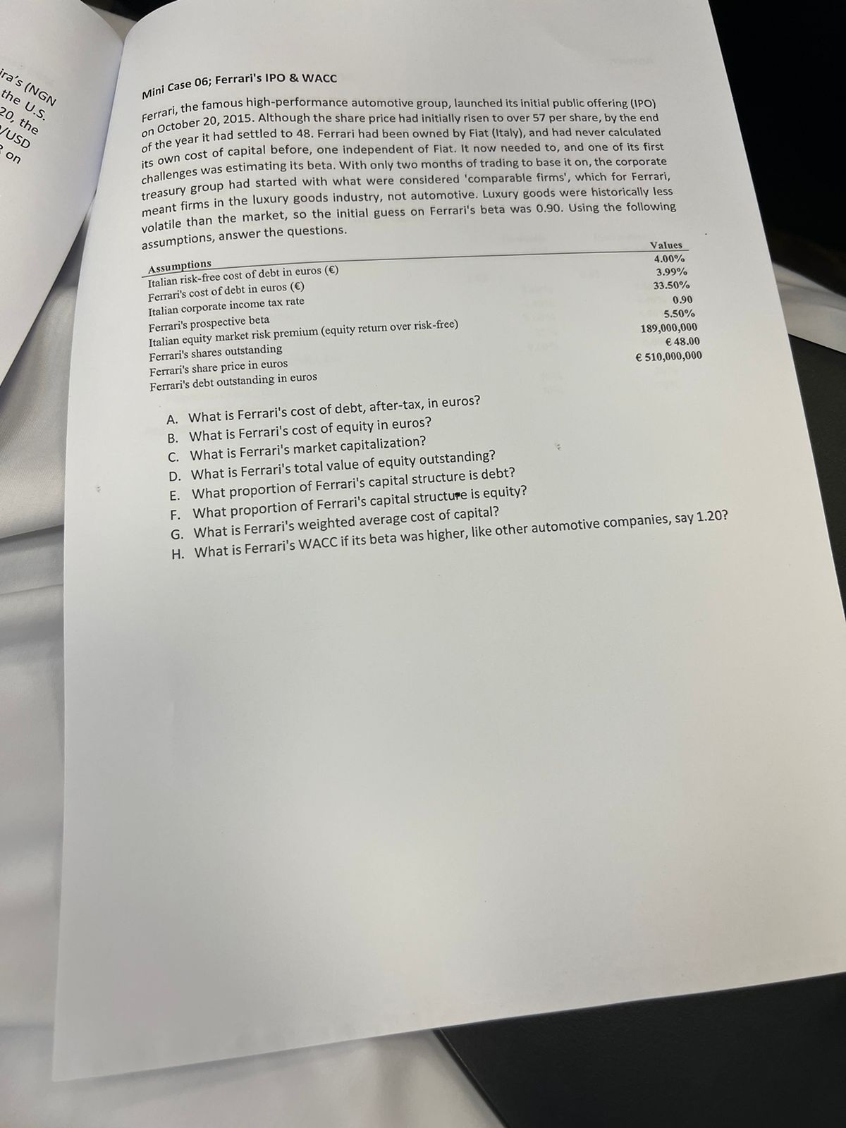 Solved Mini Case 06; Ferrari's IPO \& WACC Ferrari, the | Chegg.com