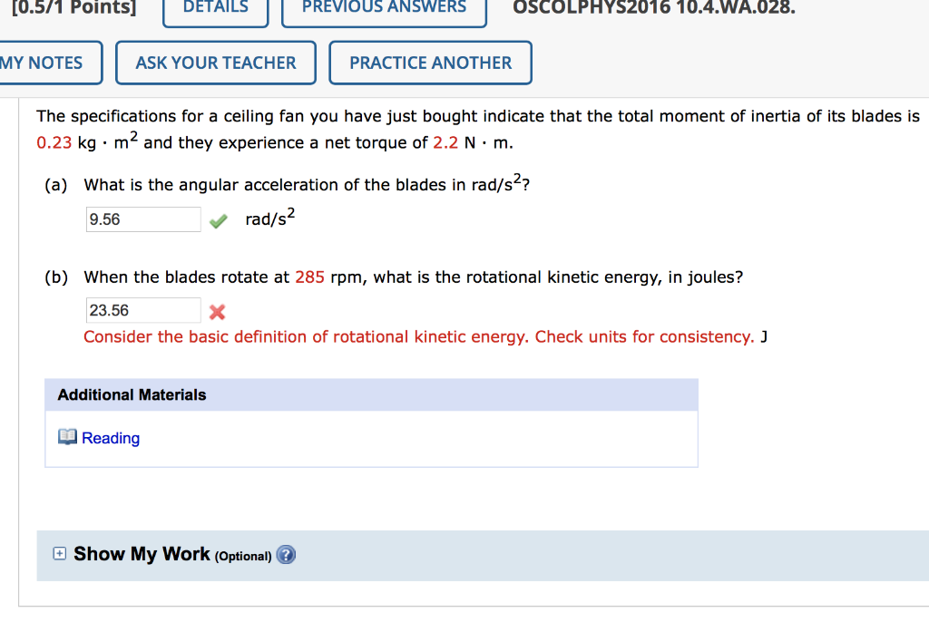 Solved [0.5/1 Points] DETAILS PREVIOUS ANSWERS OSCOLPHYS2016 