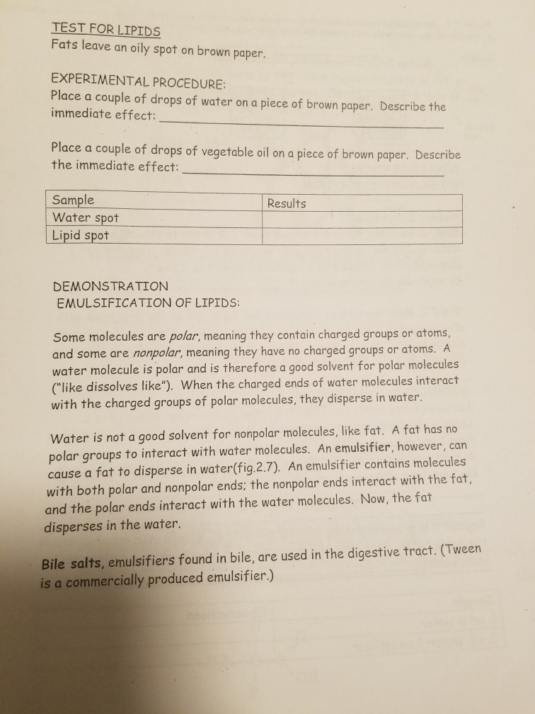 Solved TEST FOR LIPIDS Fats leave an oily spot on brown | Chegg.com