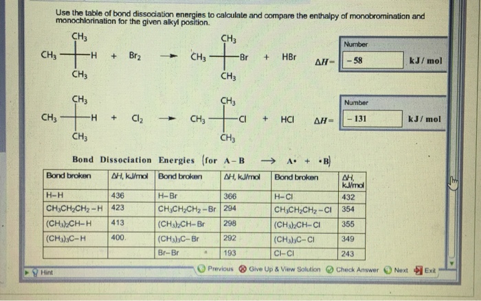 Solved Use The Table Of Bond Dissociation Energies To