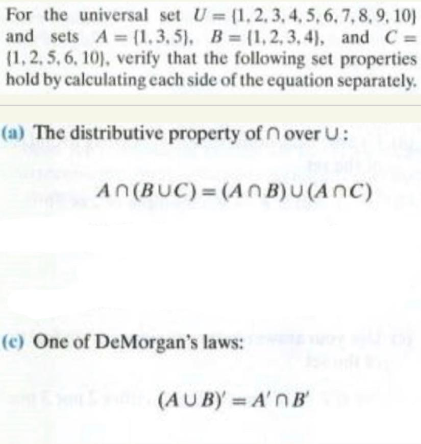 Solved For The Universal Set U 1 2 3 4 5 6 7 8 9 10 An Chegg Com