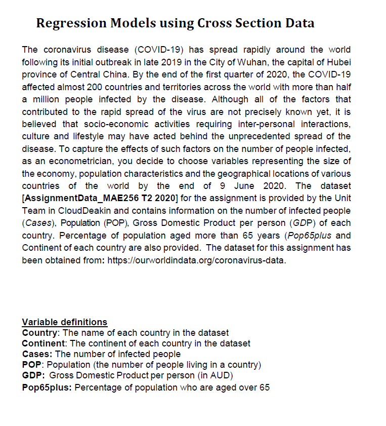 Regression Models using Cross Section Data The | Chegg.com