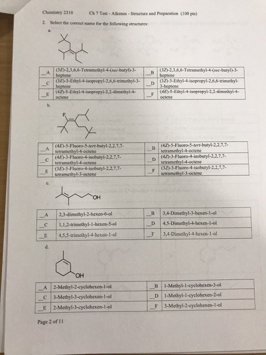 Solved Chemistry 2310 Ch7 Test -Alkenes - Structure and | Chegg.com