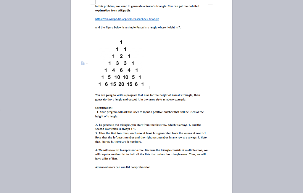 pascal triangle using python || pascal's triangle ||... Solved In this problem, we want to generate a Pascal's | Chegg.com