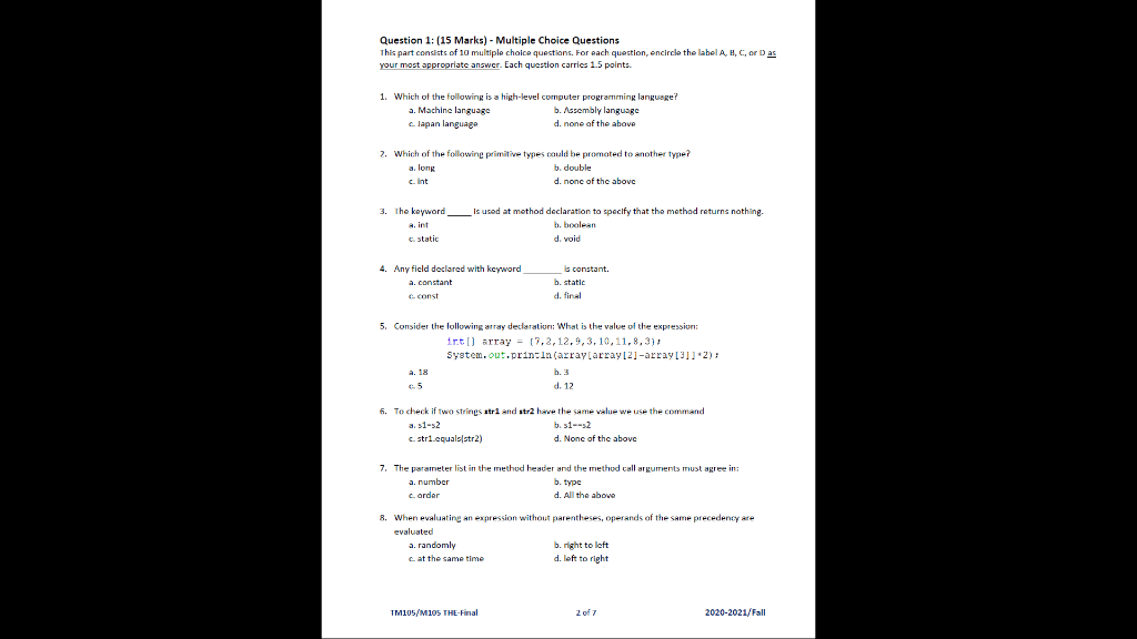 Solved Question 1: (15 Marks) - Multiple Choice Questions | Chegg.com