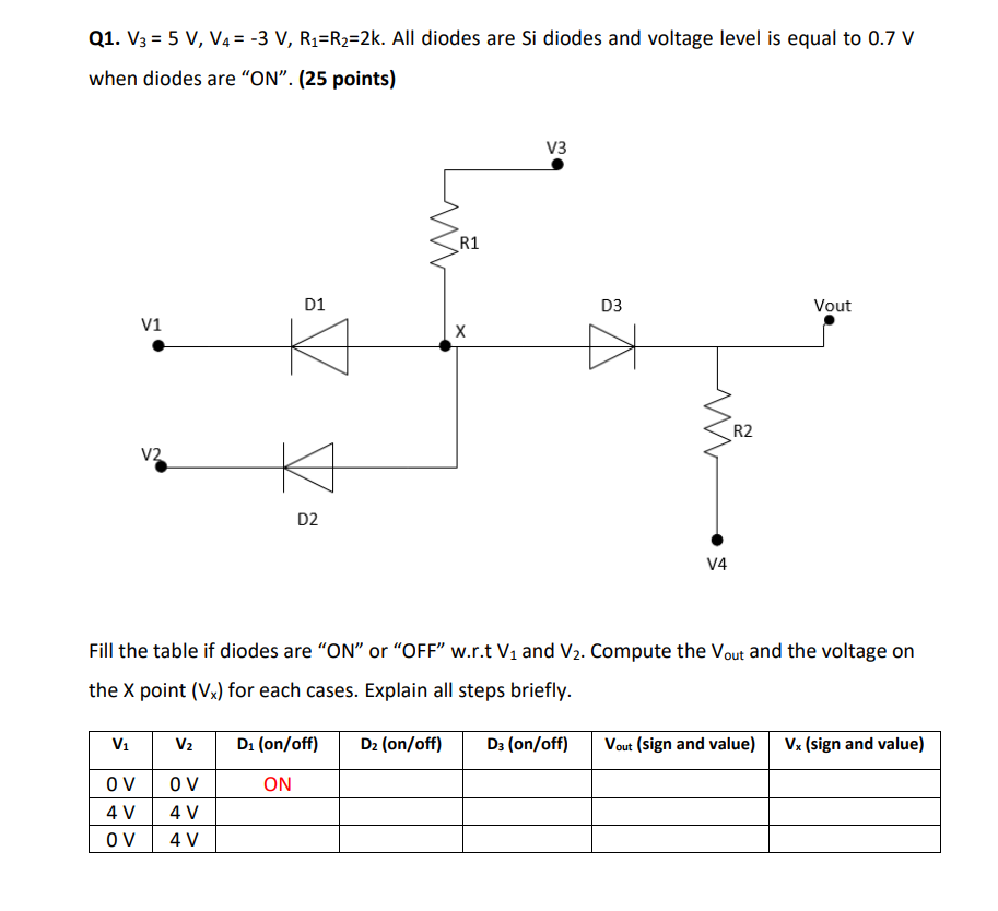 Solved Q1. V3 = 5 V, V4= -3 V, R2=R2=2k. All diodes are Si | Chegg.com