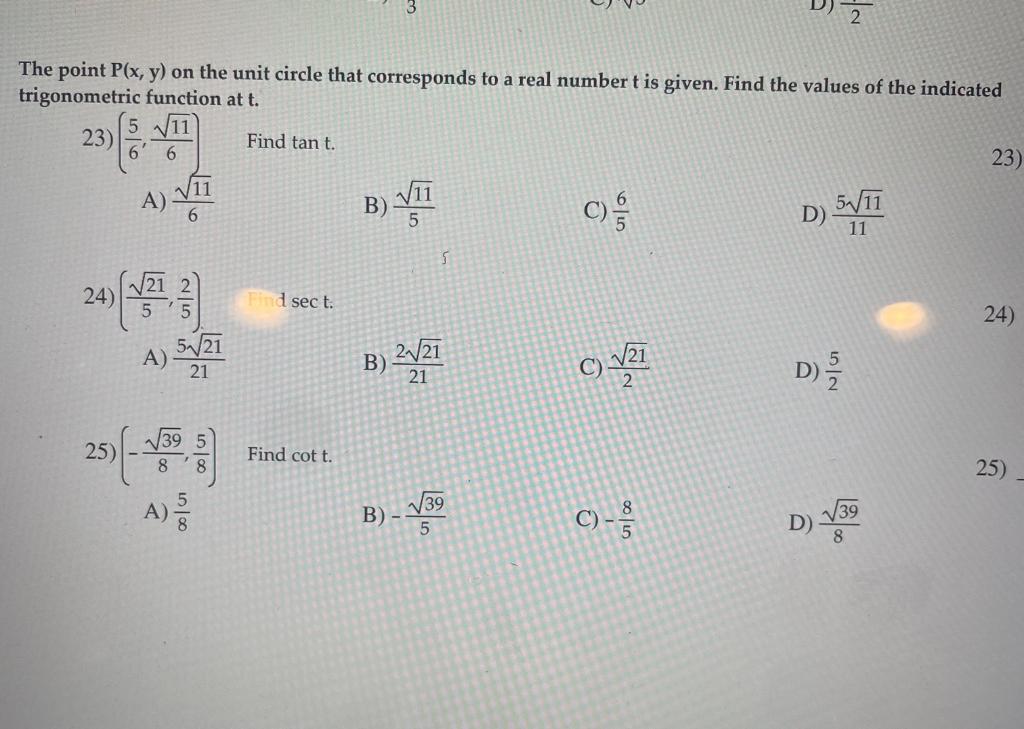 Solved The point P(x,y) on the unit circle that corresponds | Chegg.com