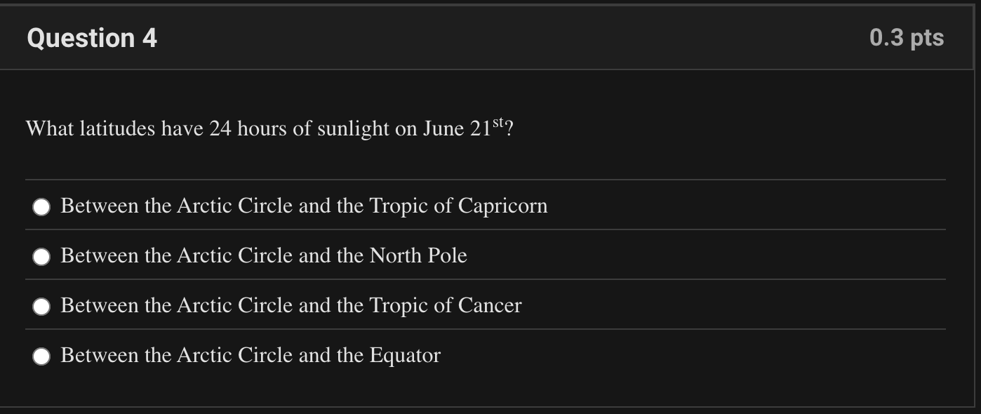 Solved Question 4What latitudes have 24 ﻿hours of sunlight