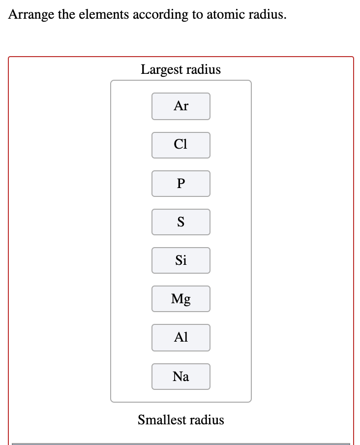 Solved Arrange the elements according to atomic radius. | Chegg.com