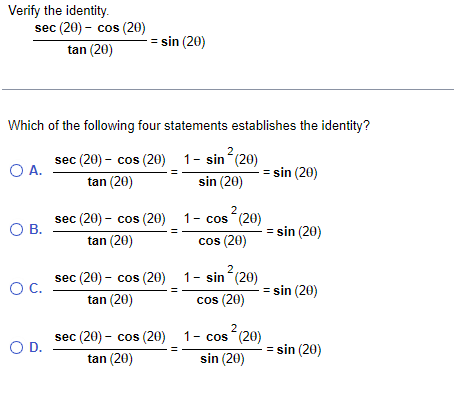 Solved Verify the identity. tan(2θ)sec(2θ)−cos(2θ)=sin(2θ) | Chegg.com