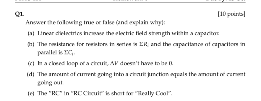 Solved Q1 [10 Points] Answer The Following True Or False