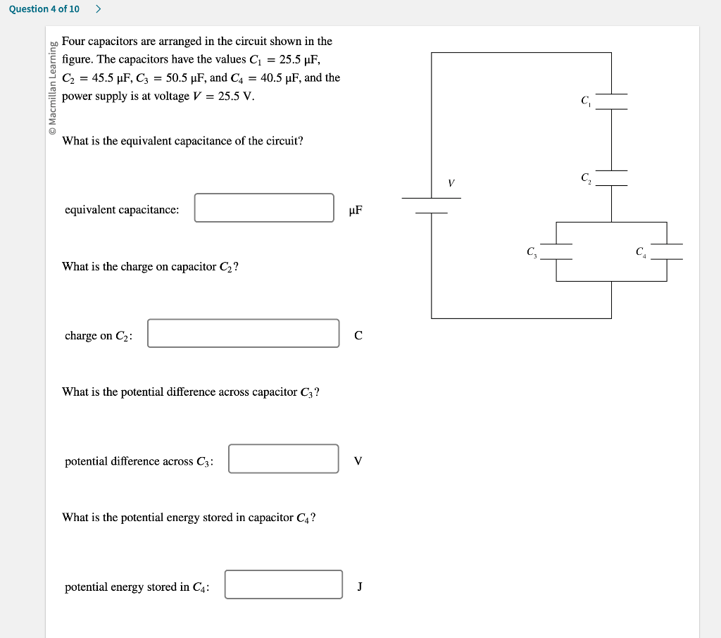 Four capacitors are arranged in the circuit shown in the figure. The capacitors have the values \( C_{1}=25.5 \mu \mathrm{F} 