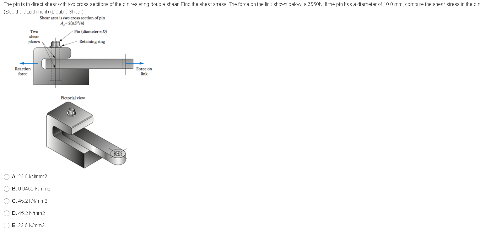 Solved The pin is in direct shear with two crosssections of
