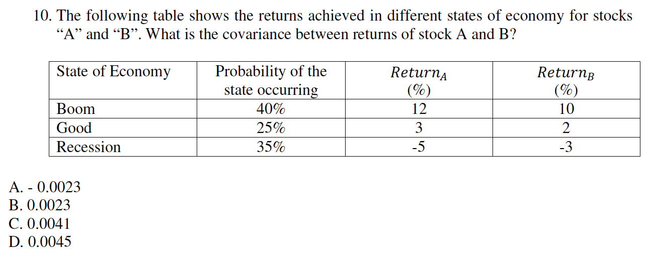 Solved 10. The following table shows the returns achieved in | Chegg.com