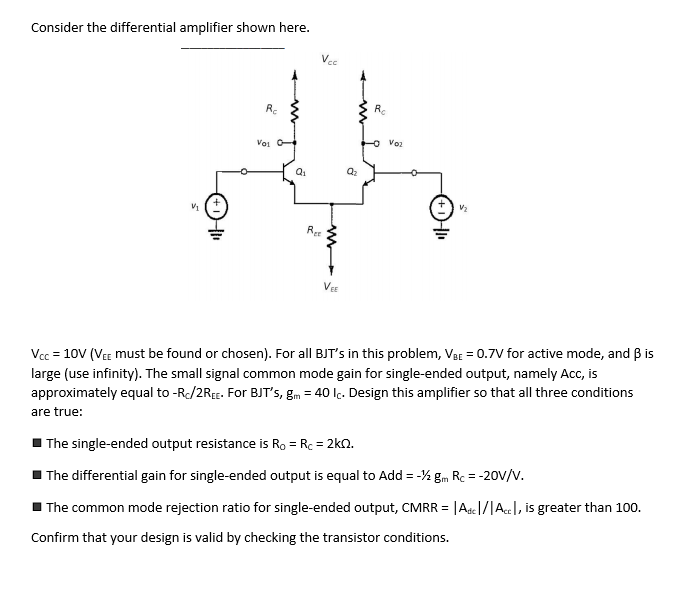 Solved Consider the differential amplifier shown here. V cc | Chegg.com