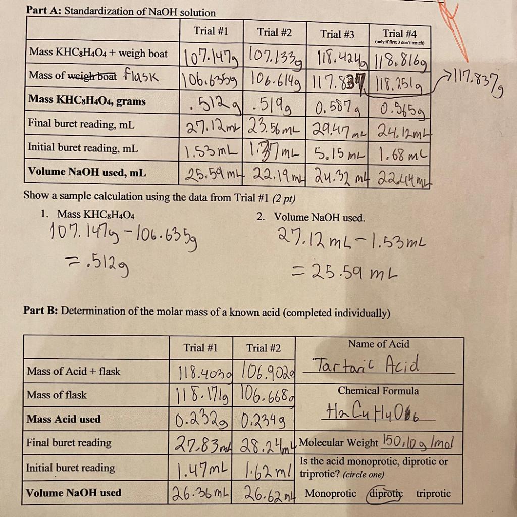 Solved Part A: Standardization of NaOH solution Trial #1 | Chegg.com